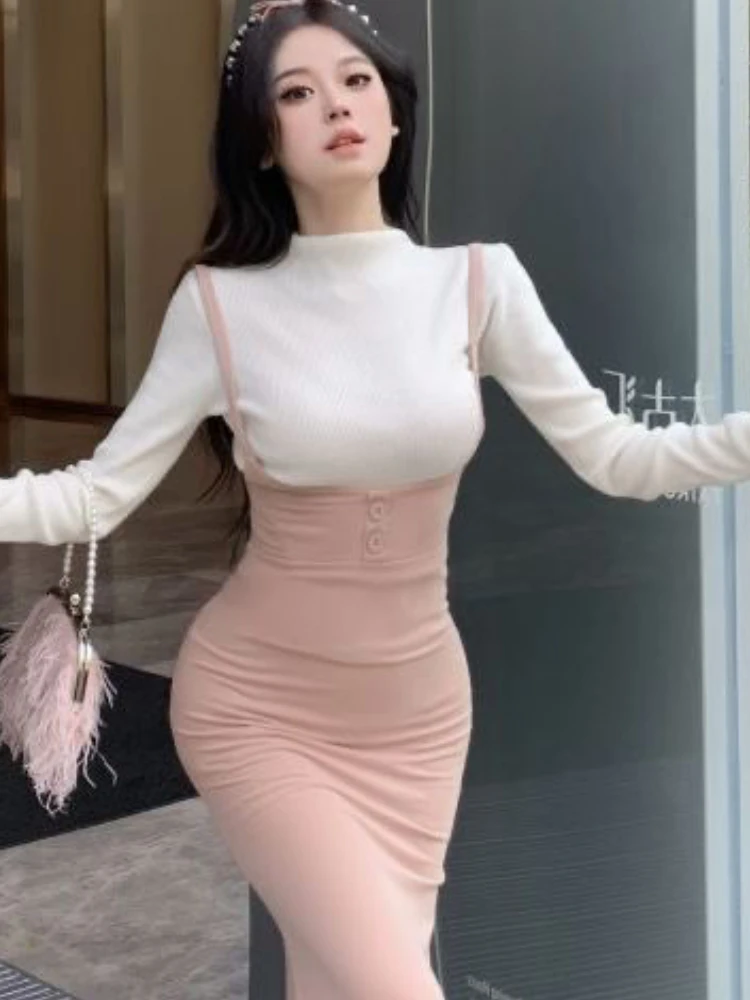 Women Sets Trumpet Midi Hotsweet Dress Long Sleeve T-shirts Elegant Female Casual Spring All-match Party Aesthetic Vintage New