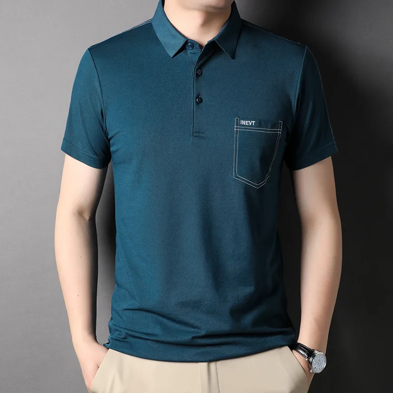 Summer Mulberry Silk Men\'s Short-sleeved T-shirt Men\'s Lapel with Pockets Fashion Embroidery Cool Breathable Men\'s Polo Shirt