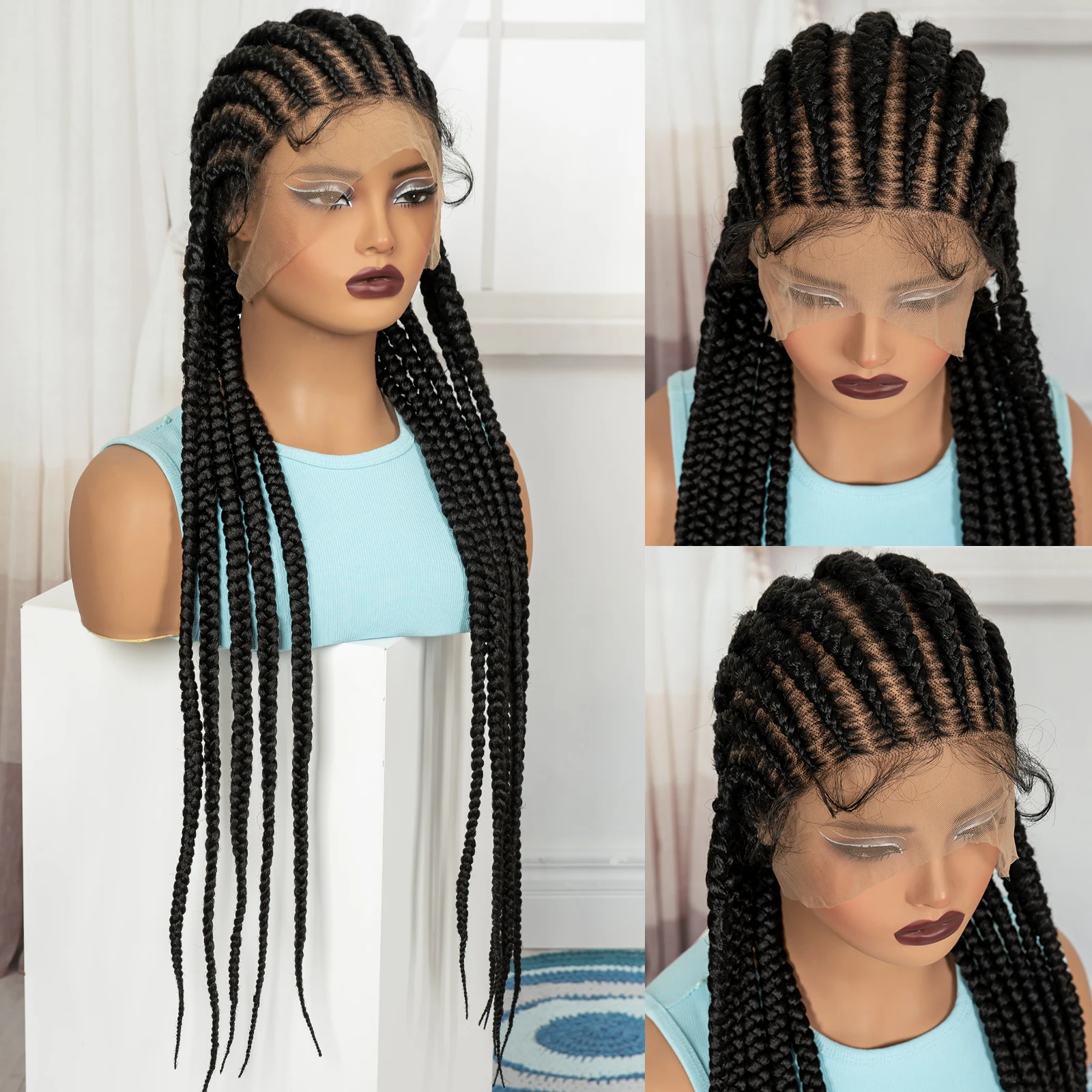 32In Full Lace Cornrow Braided Wigs Synthetic Braiding Hair Wigs Knotless Lace Frontal Braids Wig with Baby Hair for Black Women
