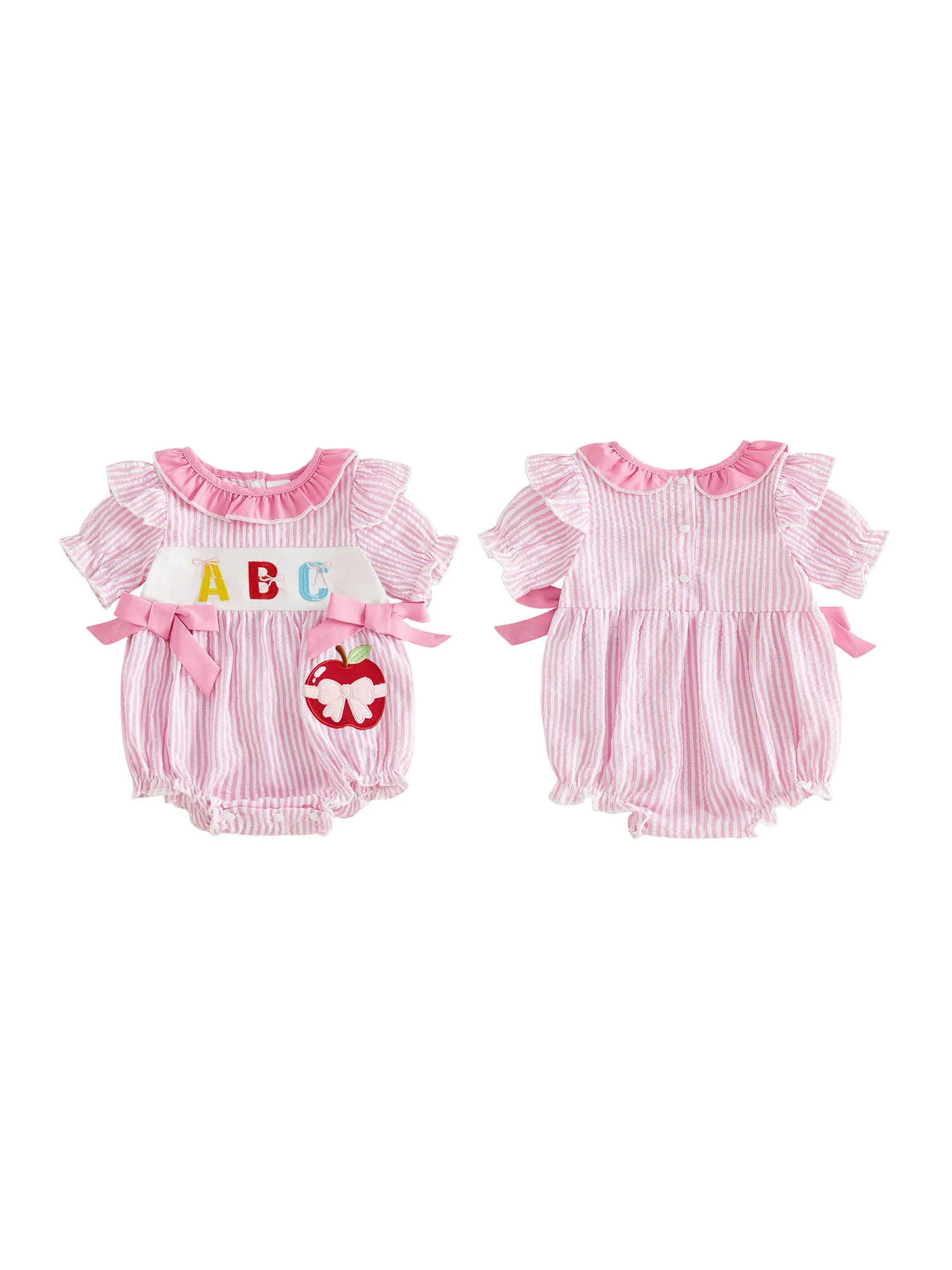 

Adorable Baby Girls Romper with Short Sleeves Crew Neck Striped Embroidery Detail and Comfortable Fit for Summer Outfits