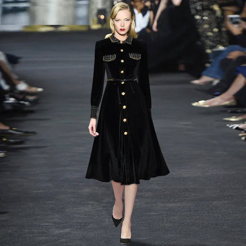 

New Fashion Spring Women Turn-down Collar Long Sleeve Single-breasted Lace-up Velvet Keep Warm Black Dresses