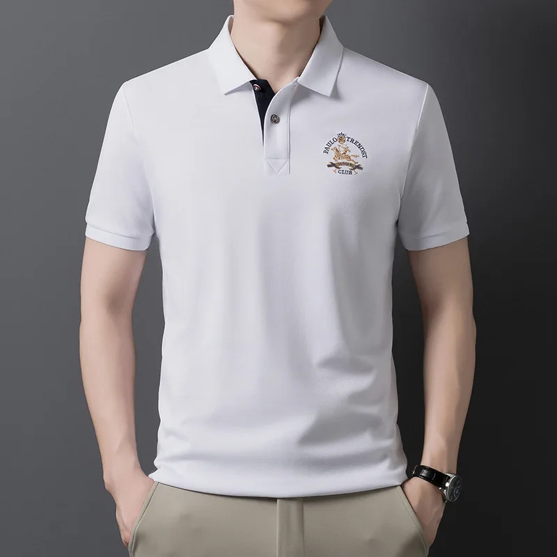 Summer Men's Short Sleeved Embroidered Lapel T-shirt Lightweight Streetwear Fashionable Breathable Retro Business Casual Top