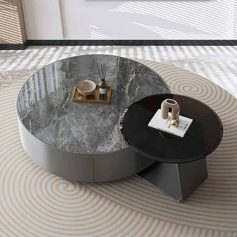 Italian light luxury rock slab coffee table high-end small apartment modern simple table combination stainless steel round