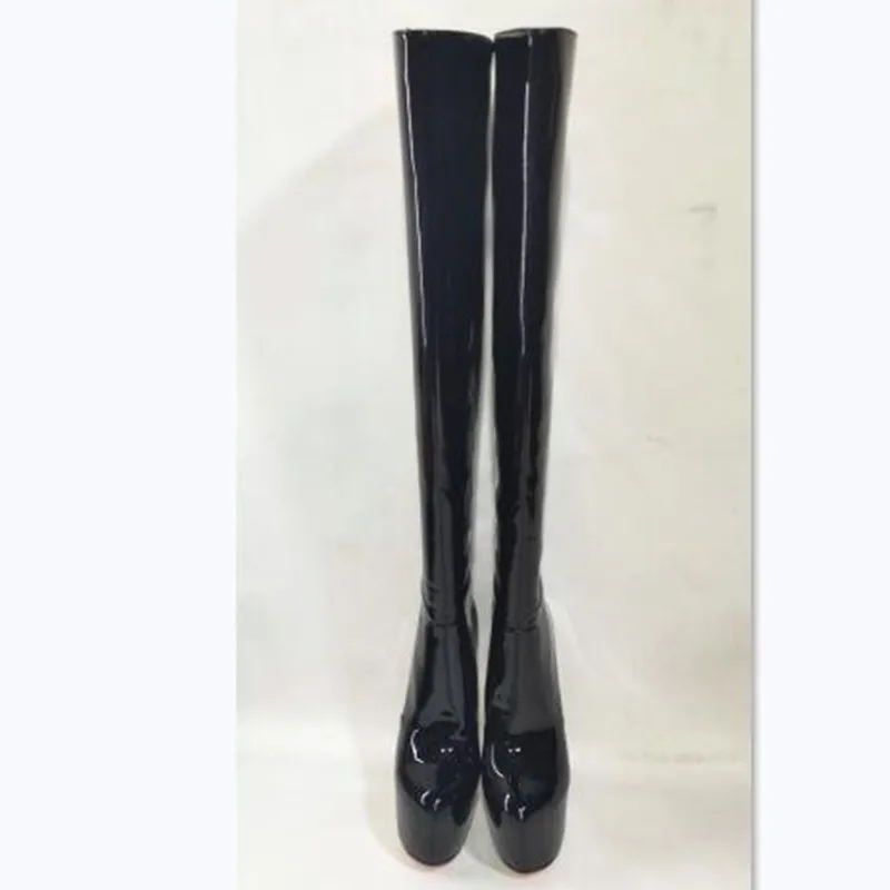 DIZHUANG-Botas de Salto Alto Femininas, Moda Sapatos Altura do Salto 15 cm, cerca de 15 cm Couro Laca Couro Artificial Botas até o Joelho