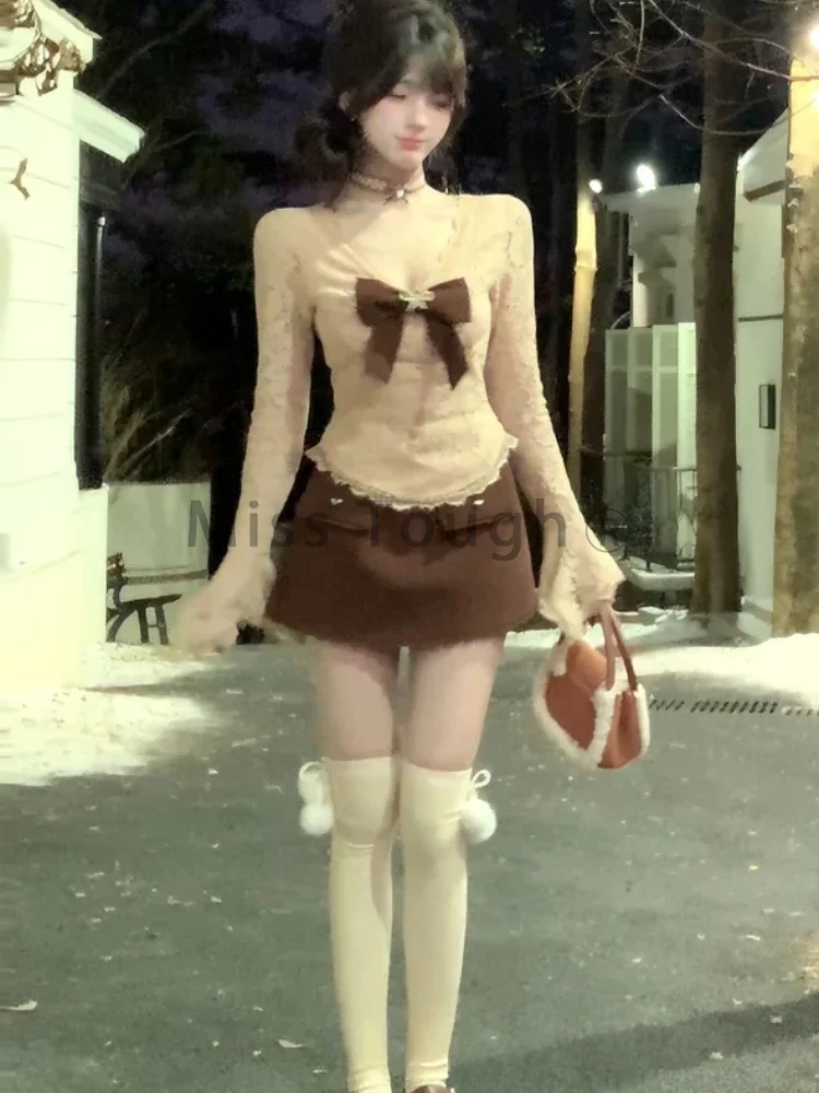 Y2k Sexy Lace New 2 Piece Set Women Korean Sweet High Street Skirts Suit Female V-neck Bow Tops + Brown Mini Skirt 2024 Winter