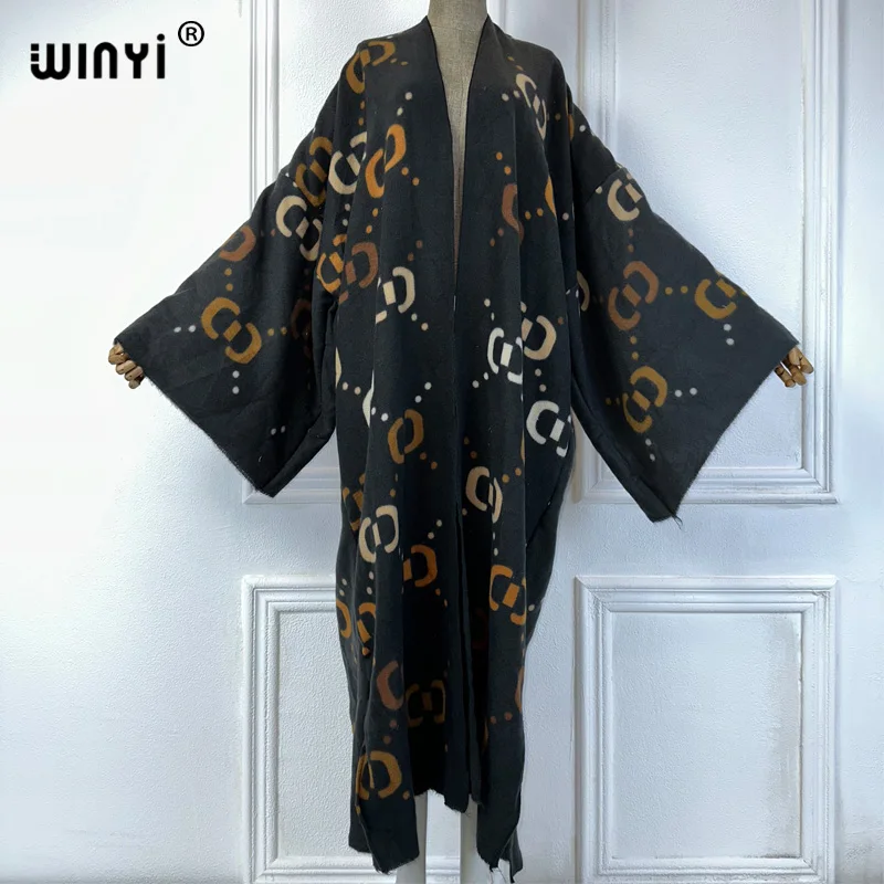 WINYI new winter cardigan Africa women Geometric line print maxi jacket Warm kimono long down coat Middle East fashion abaya