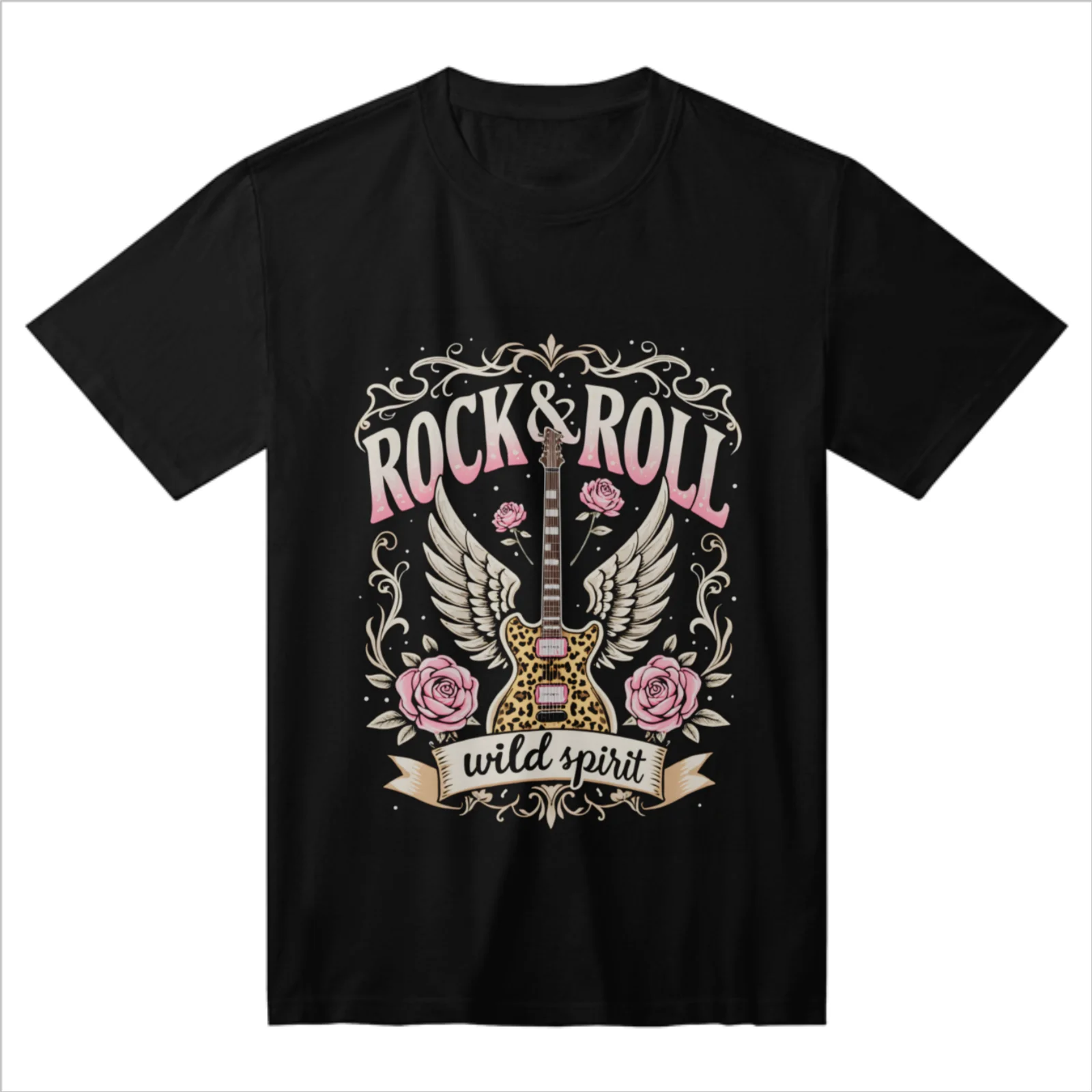 Vintage Guitar Pink Roses Wings Rock And Roll Wild Spirit Graphic Tee And Soft Comfort Fit