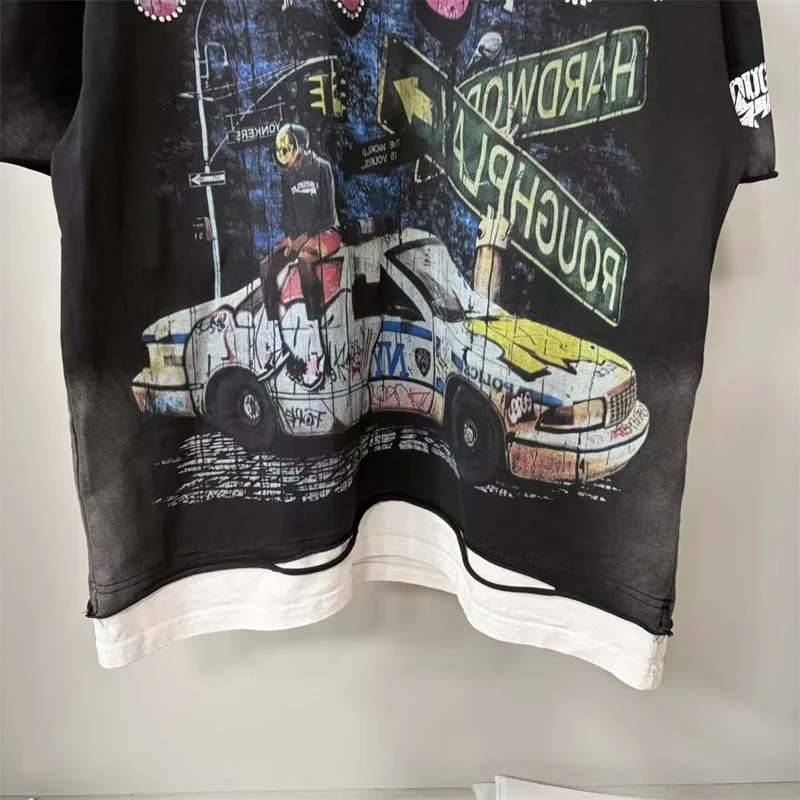 Rough Car Print Mens T-shirts Washed Black Streetwear Oversized T Shirt