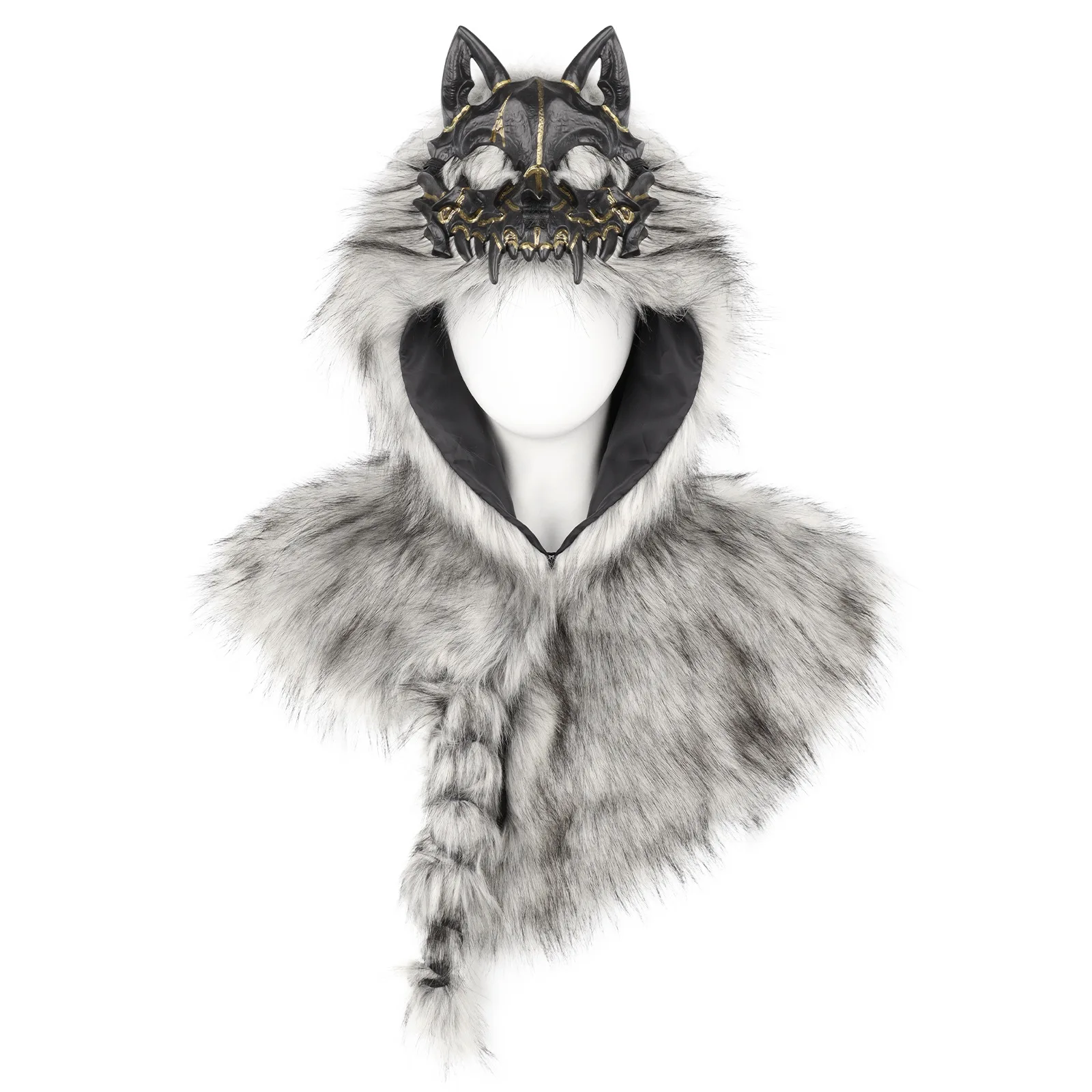 Archi Handwork Faux Fur Medieval Viking Wolf Skull Mantle Hat Shoulder Cloak Headwear Headgear Halloween Cosplay Props