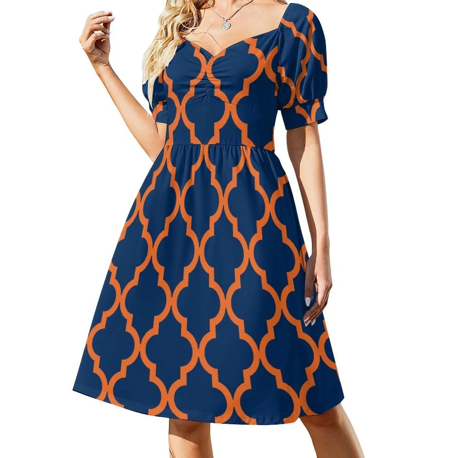 

Moroccan Pattern: Orange & Navy Blue Short-Sleeved Dress summer women's dress 2025 women's fashion dresses