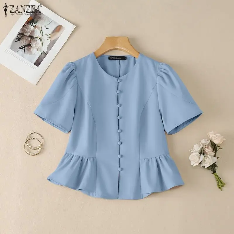 

ZANZEA Ruffles Women Blouses Summer Short Sleeve Fashion Tops Solid Color Tee Streetwear Buttons OL Work Party Blusas Thin Tunic
