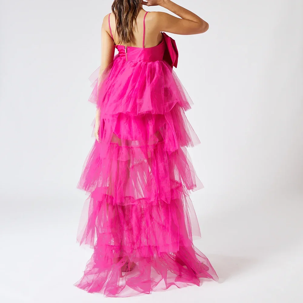 High Low Bow Front Mini Tulle Evening Gowns Spaghetti Straps Tieres Homecoming Irregular Fuchsia Solid Color Sexy Prom Gowns