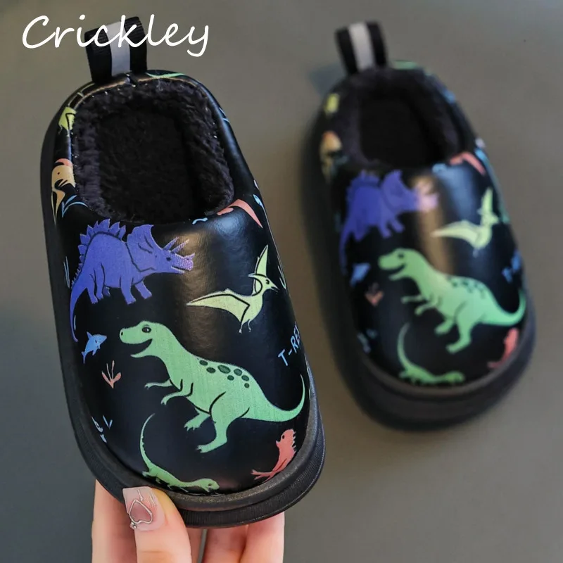 Dinosaur Strawberry Cartoon Kids Slippers Leopard PU Leather Boys Girls Slippers Winter Plush Warm Children Indoor Shoes