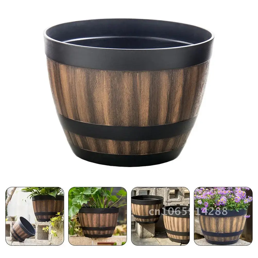Imitation Wooden Flower Pot Large Plastic Retro Bucket Garden Decoration Barrel Bonsai Planter Yard Capacity