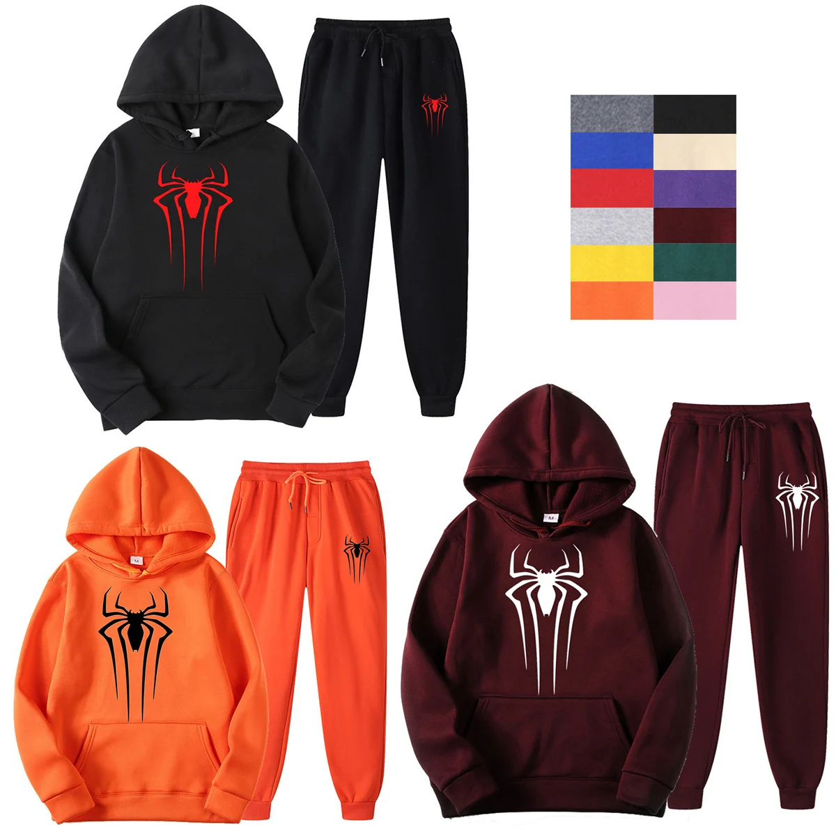 

Hot Sales Spider Print Casual Hooded Pullover Sweatshirt And Joggers Set Solid Color Men/Women Tracksuit Fashion Daily Outfit
