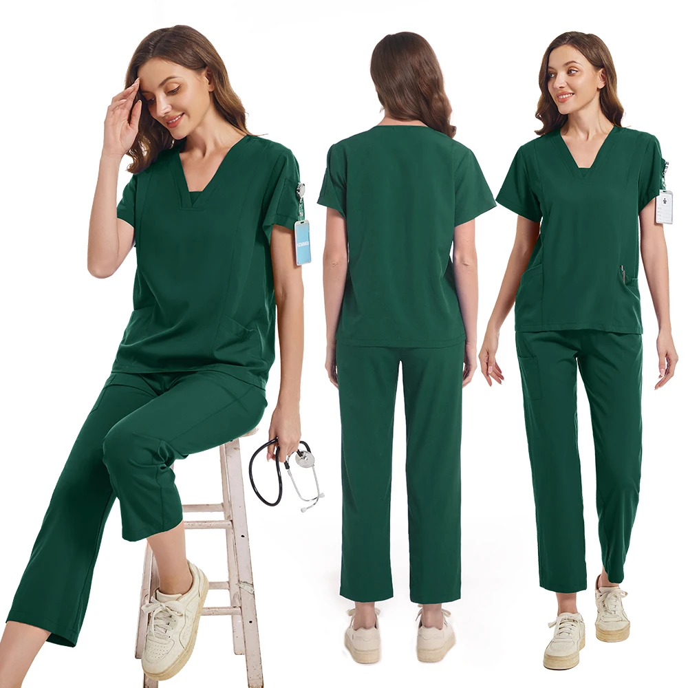 

New Short Sleeve Scrubs Top With Pocket Pants Medical Nurse Uniforms Doctor Surgery Overalls Spa Outwear Beauty Salon Workwear