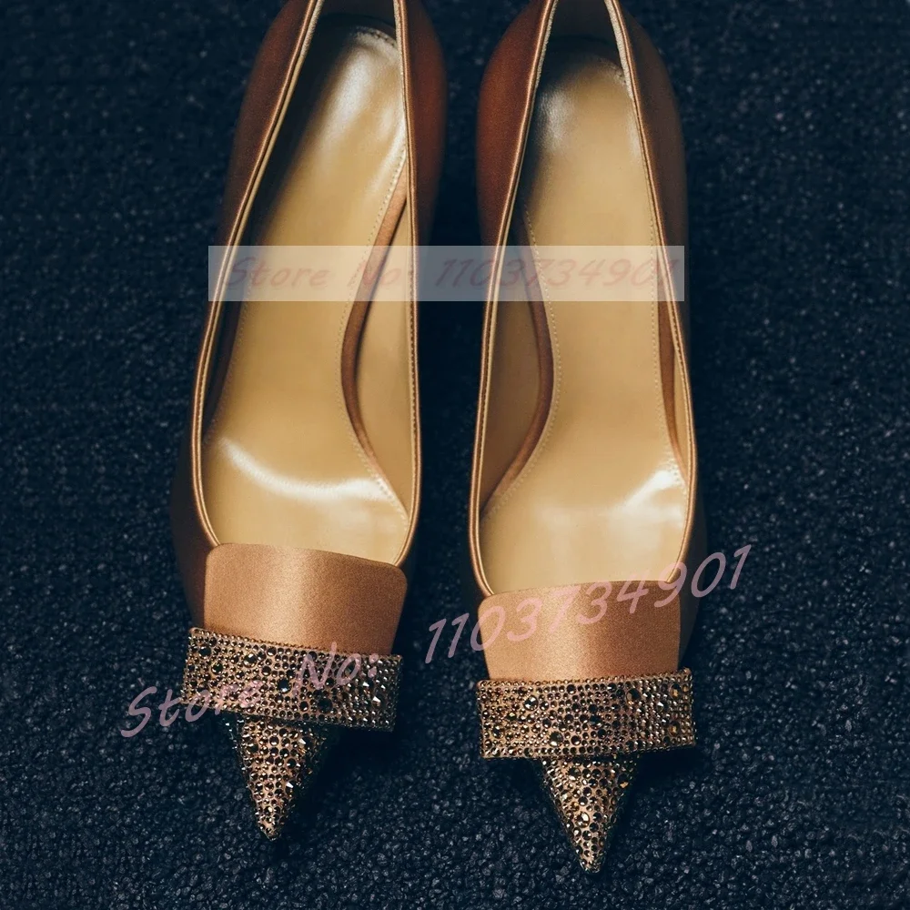

Pointed Toe Crystals Pumps Women Casual khaki Satin Slip-on High Heel Shoes Office Lady Fashion Elegant Sexy Party Black Pumps