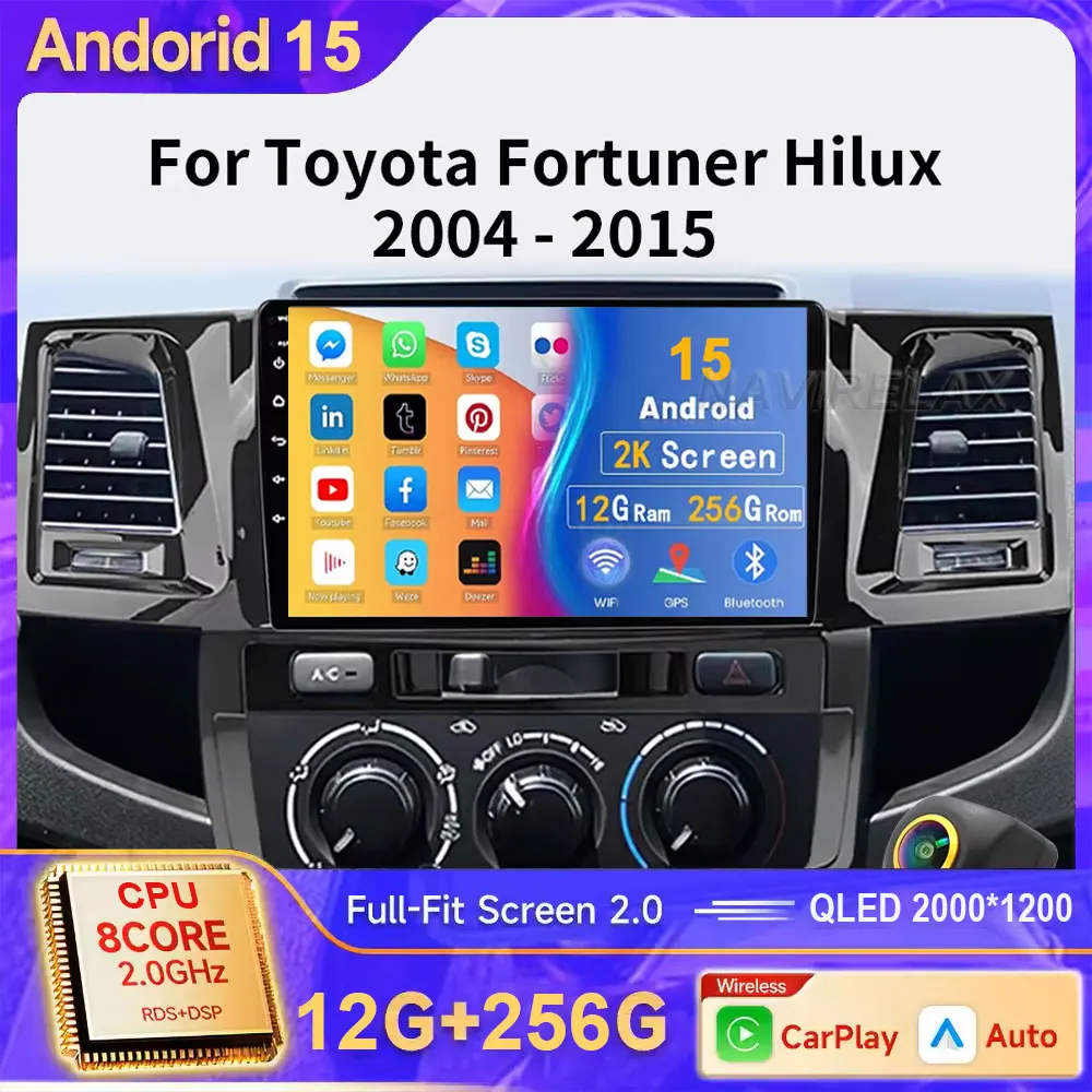 أندرويد 15 لتويوتا فورتشنر هايلكس ريفو فيجو 2005-2014 2K QLED أندرويد سيارة الوسائط المتعددة راديو مشغل فيديو نظام تحديد المواقع ستيريو CarPlay 4G