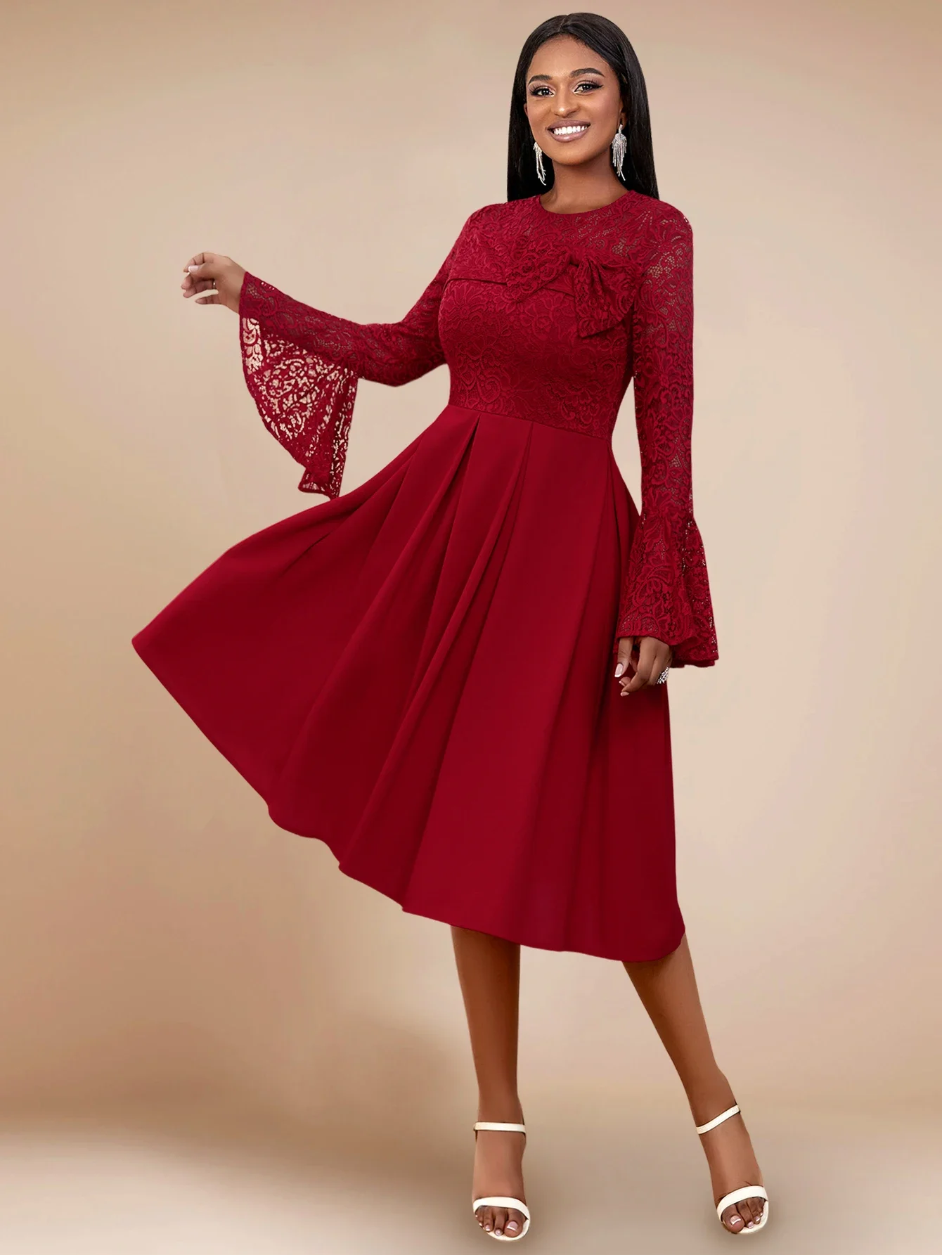 Burgundy Women Lace Dresses O Neck See Through Long Flare Sleeve High Waist Pleated Birthday Cocktail Event Gowns for Ladies