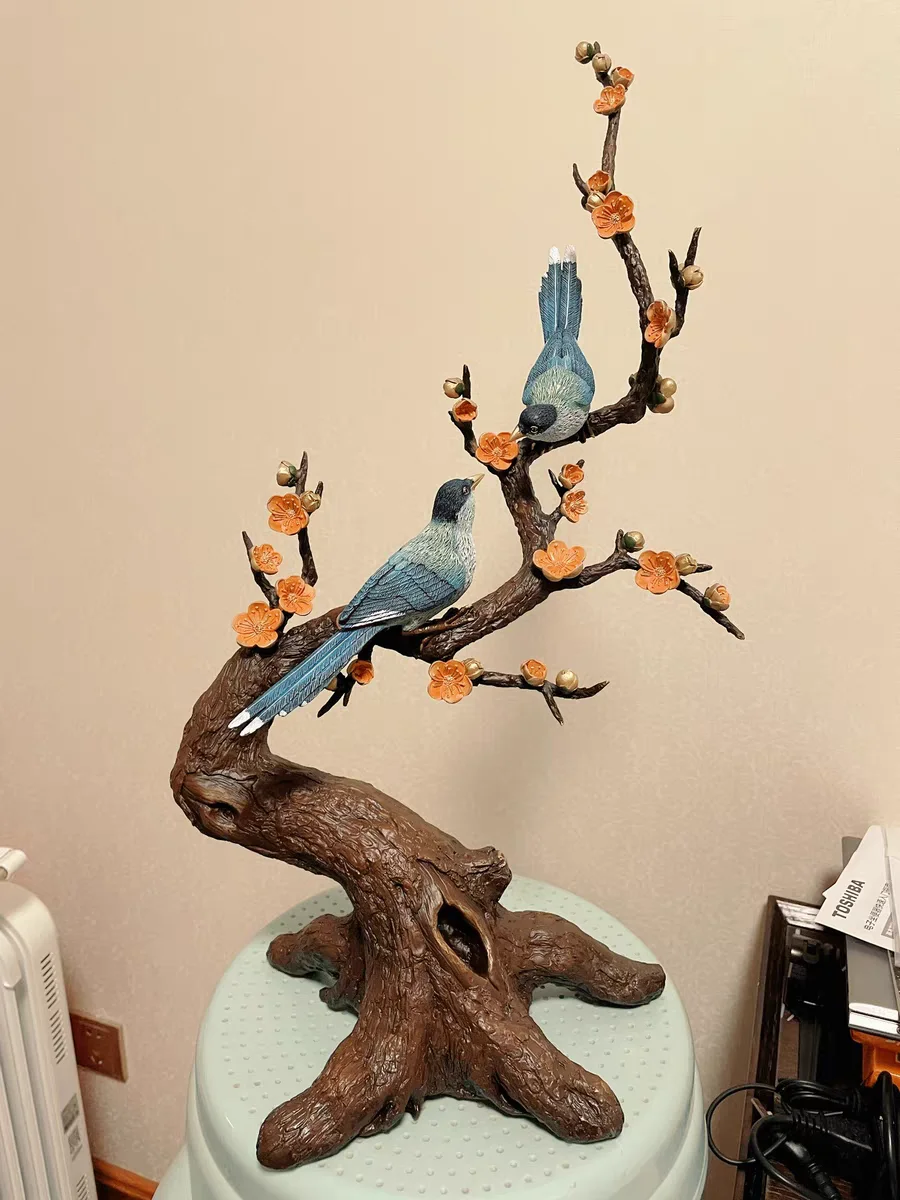 Unique TOP bronze sculpture Lucky Auspicious birds Magpie Plum blossom living room Company HOME BAR GOOD LUCK Decoration Statue
