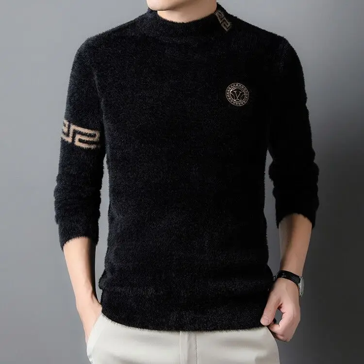 New semi-turtleneck sweater men's autumn and winter thickened knitted sweater fluffy bottoming shirt thermal top