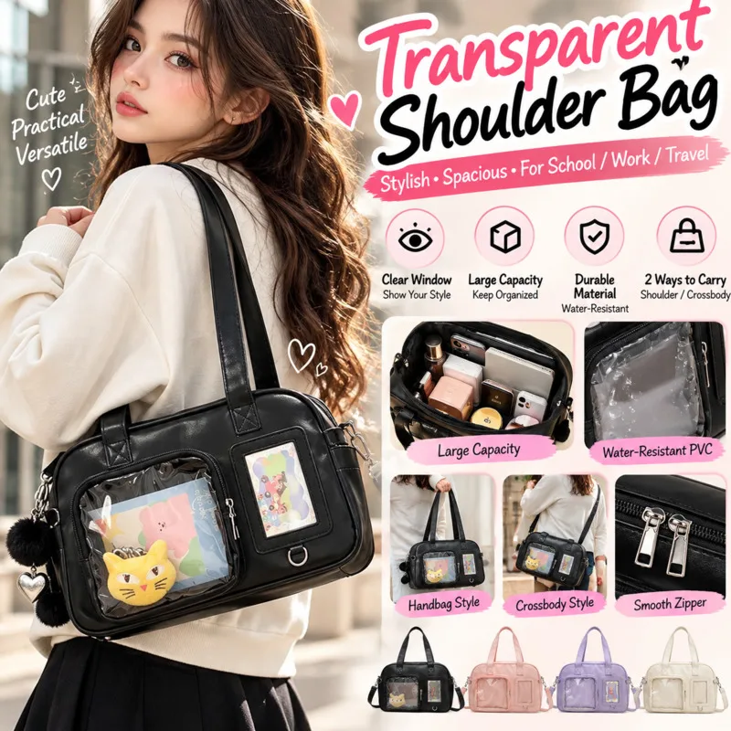 Women Handbag Y2K Silver PU Bowling Itabag Large Capacity Underarm Shoulder Bag Clear Anime Photo Display Cute Collection Gift