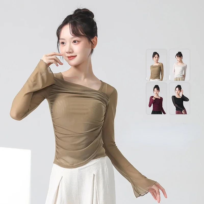 Women Classical Dance Costume Long-sleeve Yarn Top Adult Chinese Modern Hanfu Dance Training Clothes Female Dancewear