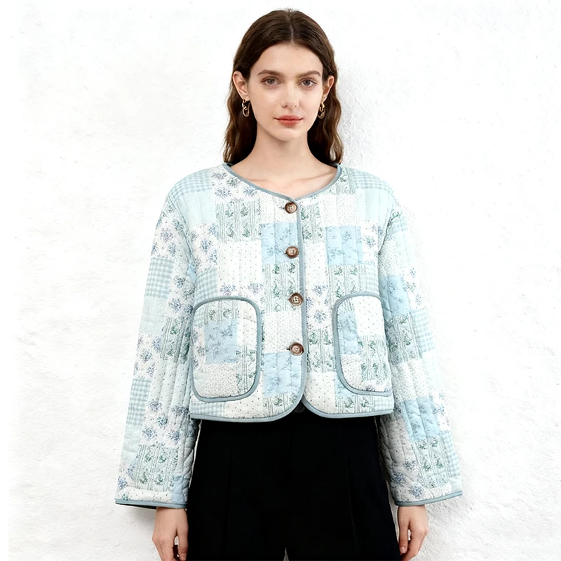 

Winter Women Flower Print Coats Long Sleeve Single-breasted Pockets Quilted Jackets Thick Warm Streetwear Female Retro Outwear
