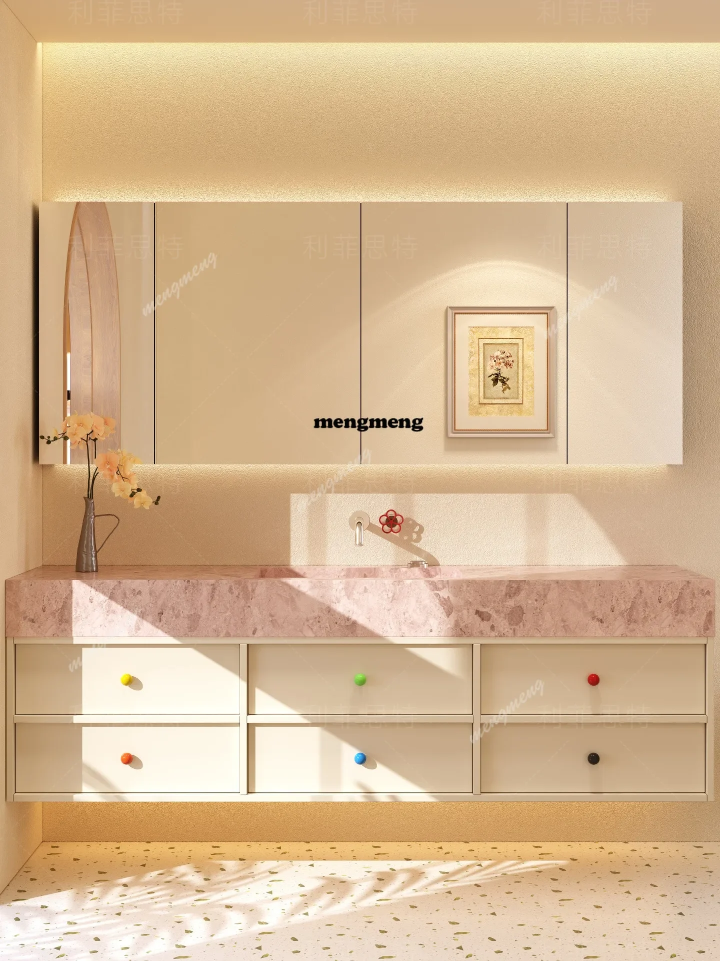Hot sales Bathroom cabinet, washing table combination, pink rock slab integrated basin, bathroom wash basin customization