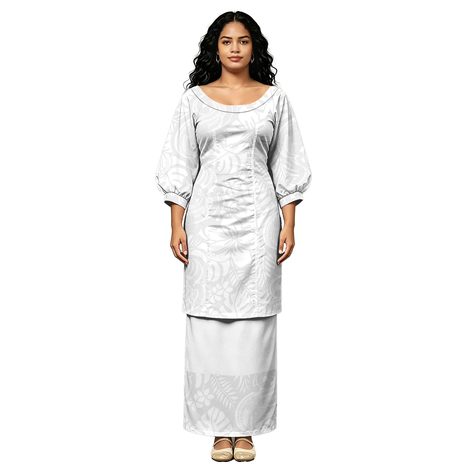 Hawaii Big O-Neck Puff Sleeve Puletasi Samoan Tribal Design Women Custom Floral Print Polynesian Island Dress Pacific Puletasi