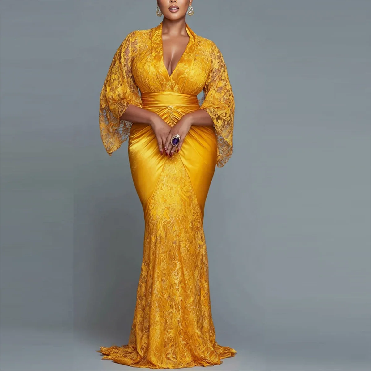 

Deep V Neck Long Sleeves Evening Gowns Gold Lace Mermaid Prom Dress Aso Ebi Women Formal Occasion Party Dress