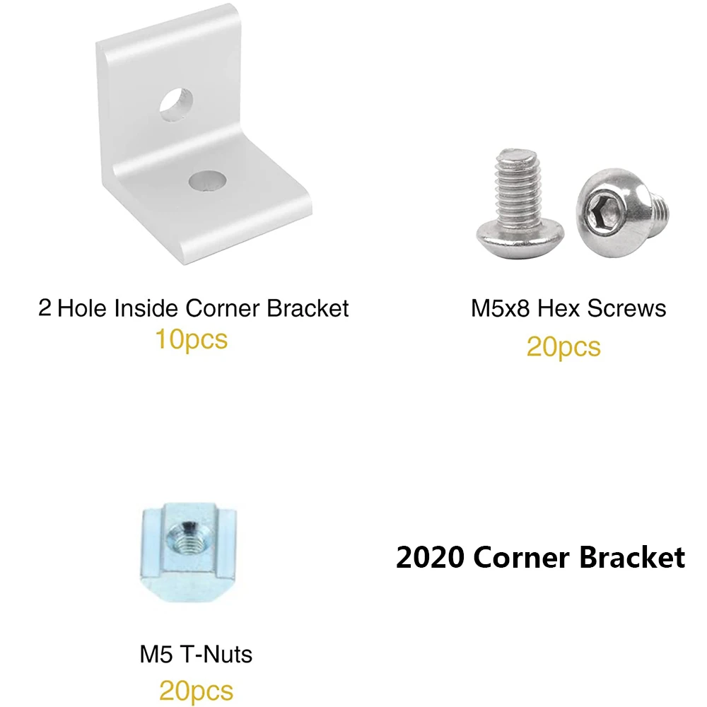 10pcs 2020 2 Holes L Shape Corner Bracket Fitting 90 Degree Connector with T Nuts and Hex Screw for Aluminum Extrusion Profile