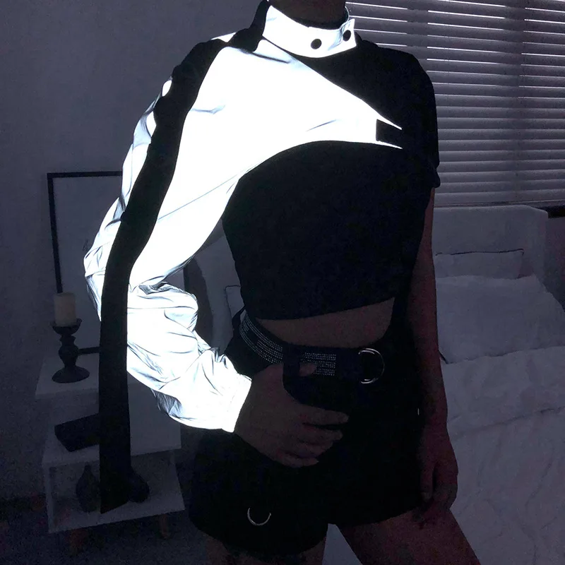 SUCHCUTE Women Sexy One Shoulder Reflective Crop Tops Adjustable Buckle Long Sleeve Irregular Ultra T-Shirts Ladies Punk Street