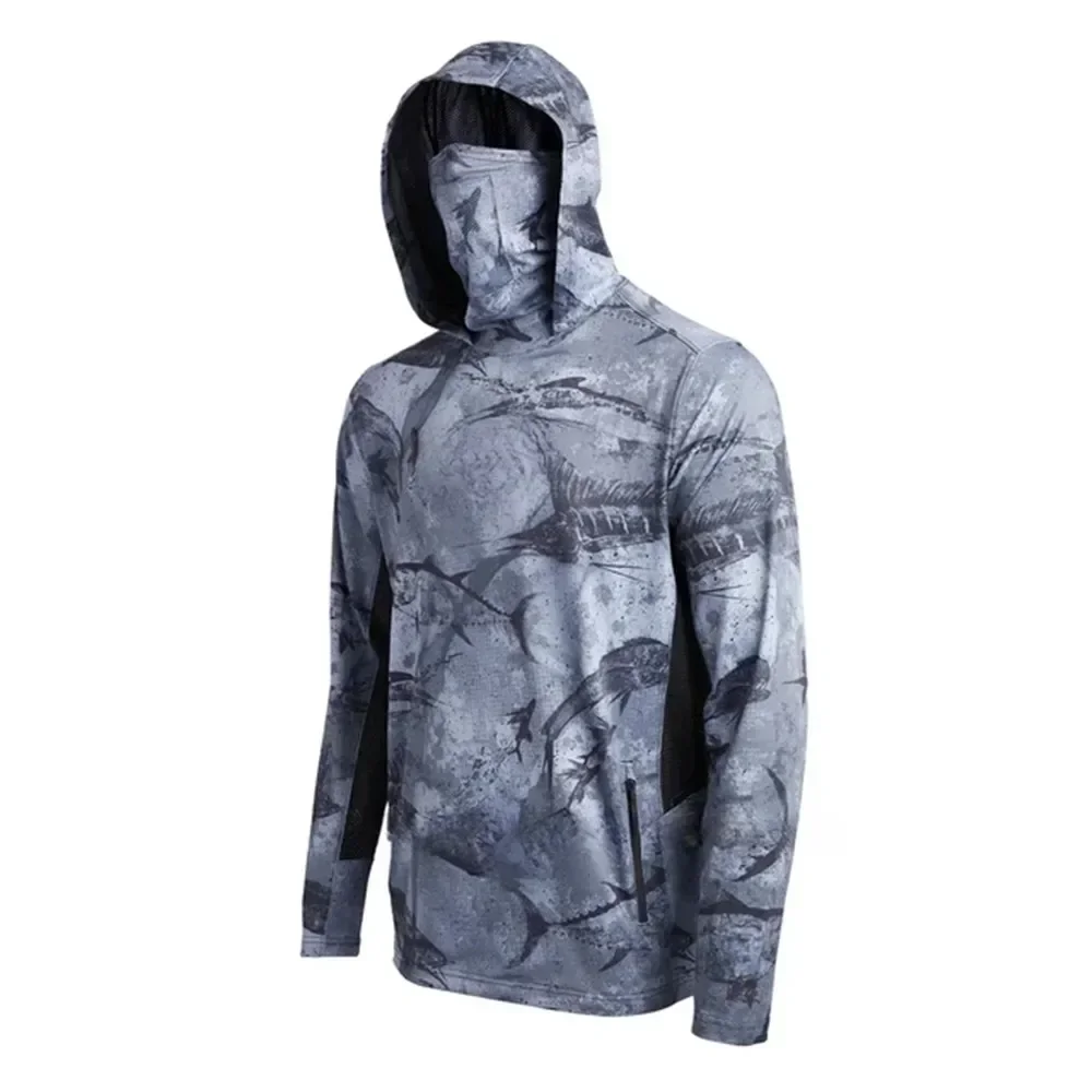 Herren-Marine-Tarnmuster-Fischerei-Hoodie, Sonnenschutz-Langarmshirt mit integrierter Maske, schnelltrocknendes Oberteil für das Angeln im Freien. – Detail 7