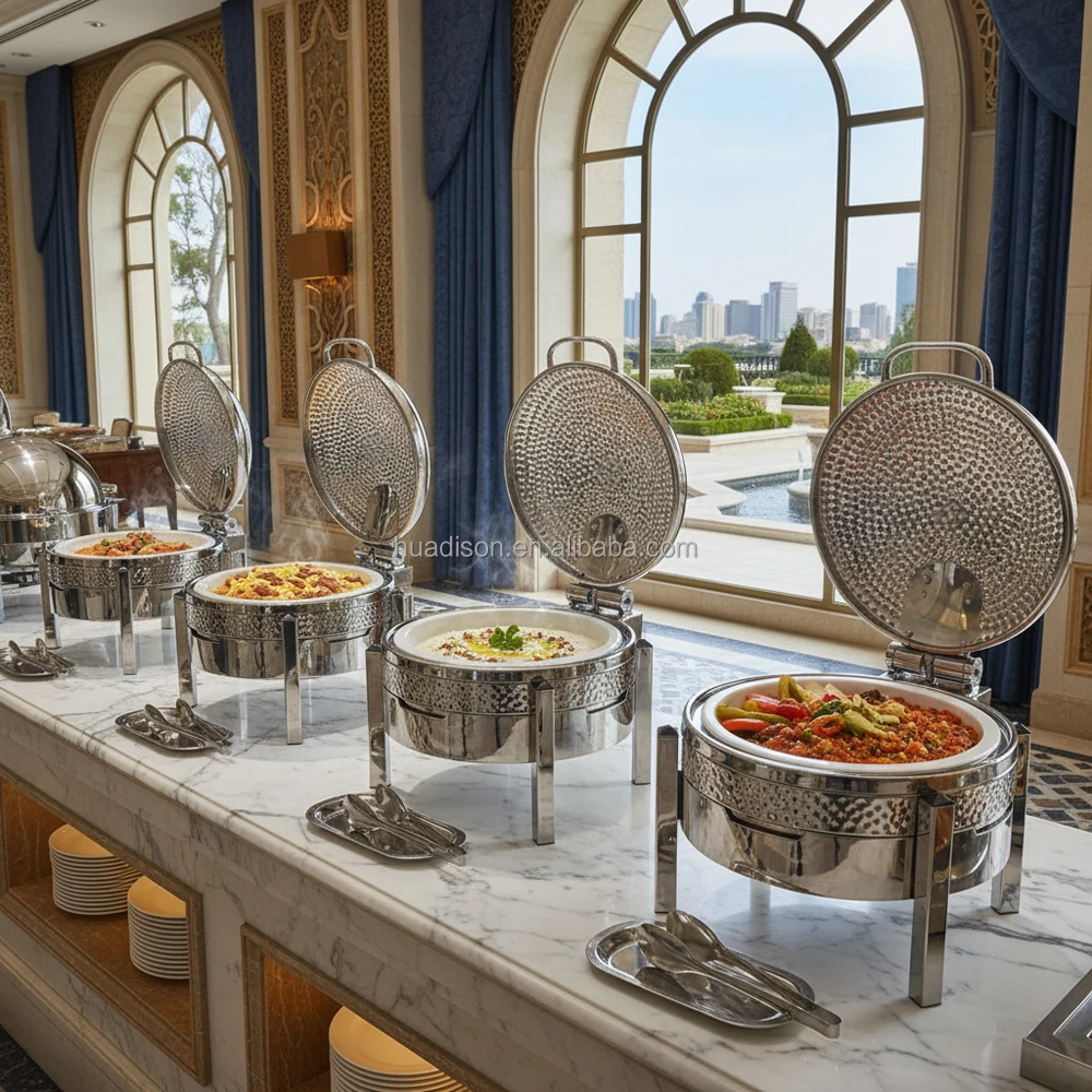 Huadison Catering Equipment Buffet 6L Round Chafing Dish Food Warmer Hammered Silver Chaffing Dish Buffet Set