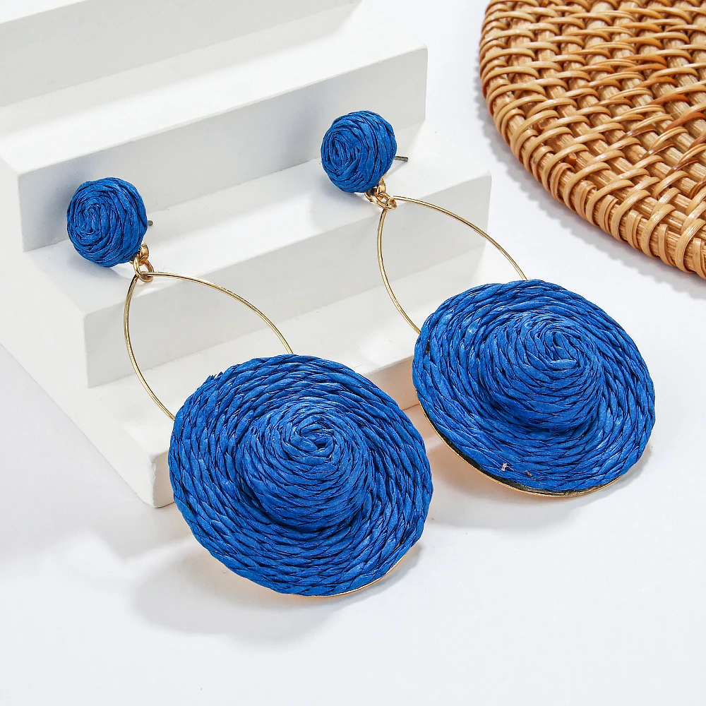 Bohemian Hat Raffia Earrings Handmade Woven Rattan Knit Hanging Earrings for Women Girls Jewelry Exaggerated Ethnic Earring