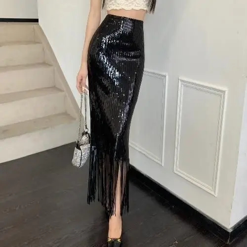 

Sequin Fringe Skirt for Women Summer Korean Style Fashion Slim Fit Elastic High Waist Skirt Elegant Chic Indie Designer Skirt