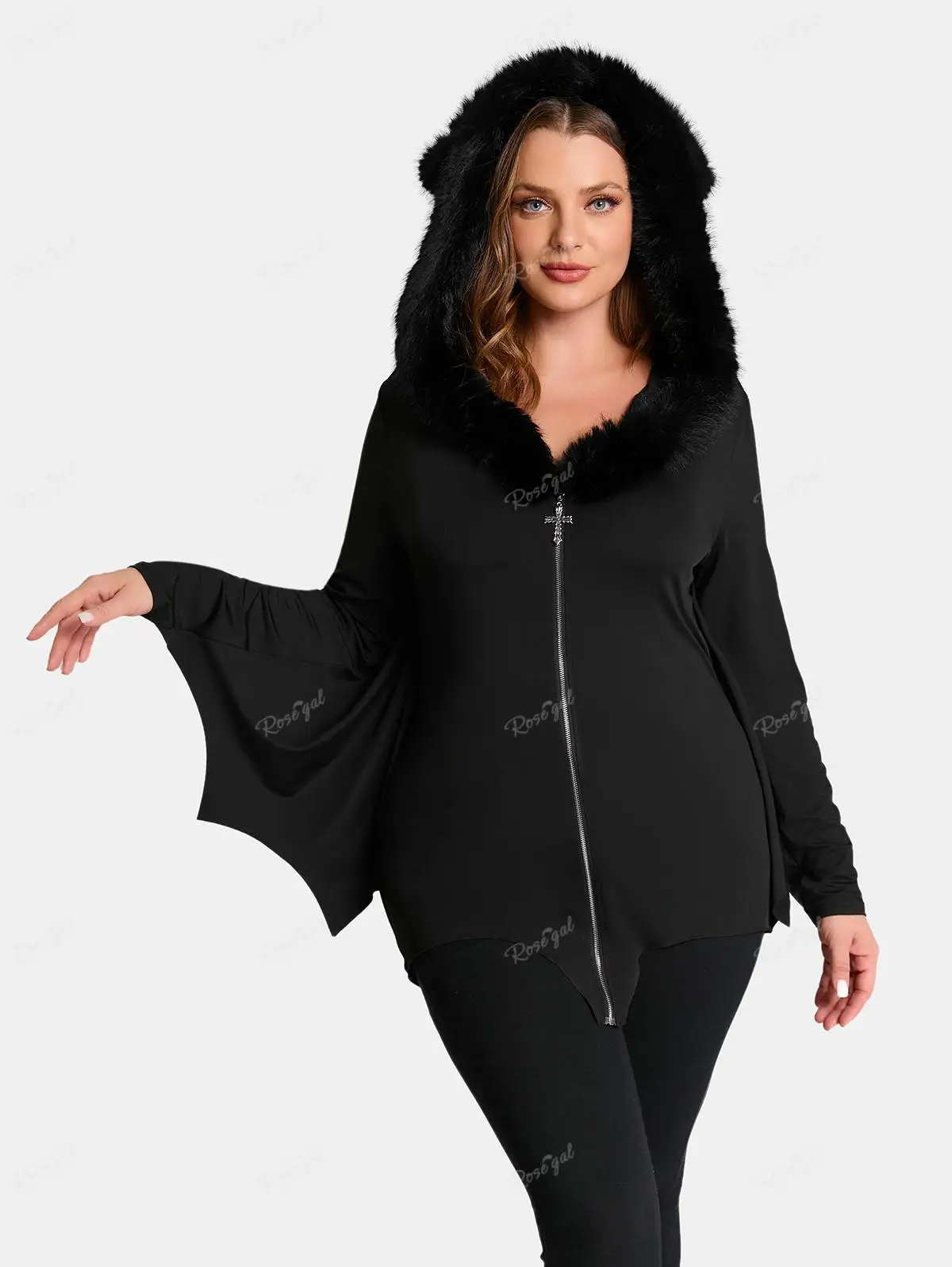 ROSEGAL Plus Size Women\'s Full Zipper Fur Neck Bat Wing Hooded Coat Black High Stretch Jackets Casual Spring Autumn Outwear Tops