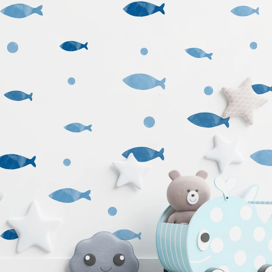 Blue Fish Vinyl Naklejka ścienna do pokoju dziecięcego Kreskówka Łazienka DIY Naklejki Ocean Fish Scene Nursery Decoration Art