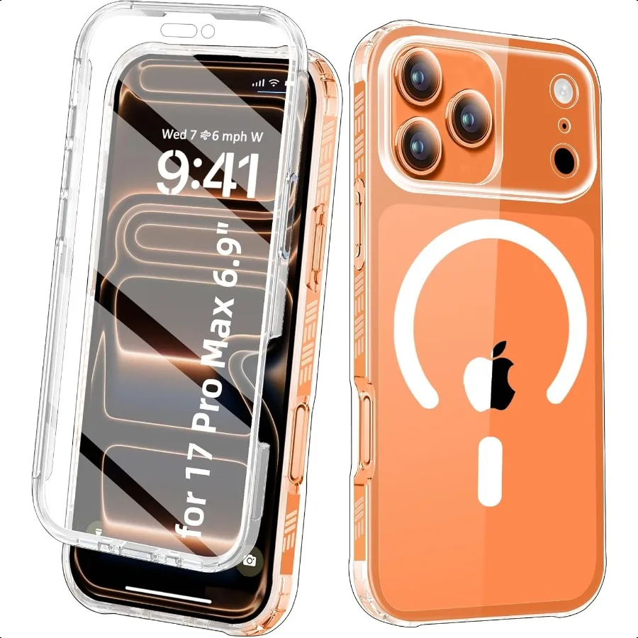 

Совместим с чехлом для iPhone 17 Pro Max, прозрачная встроенная защитная пленка для экрана [Совместимость с MagSafe] Красный чехол для телефона на весь корпус Shockp