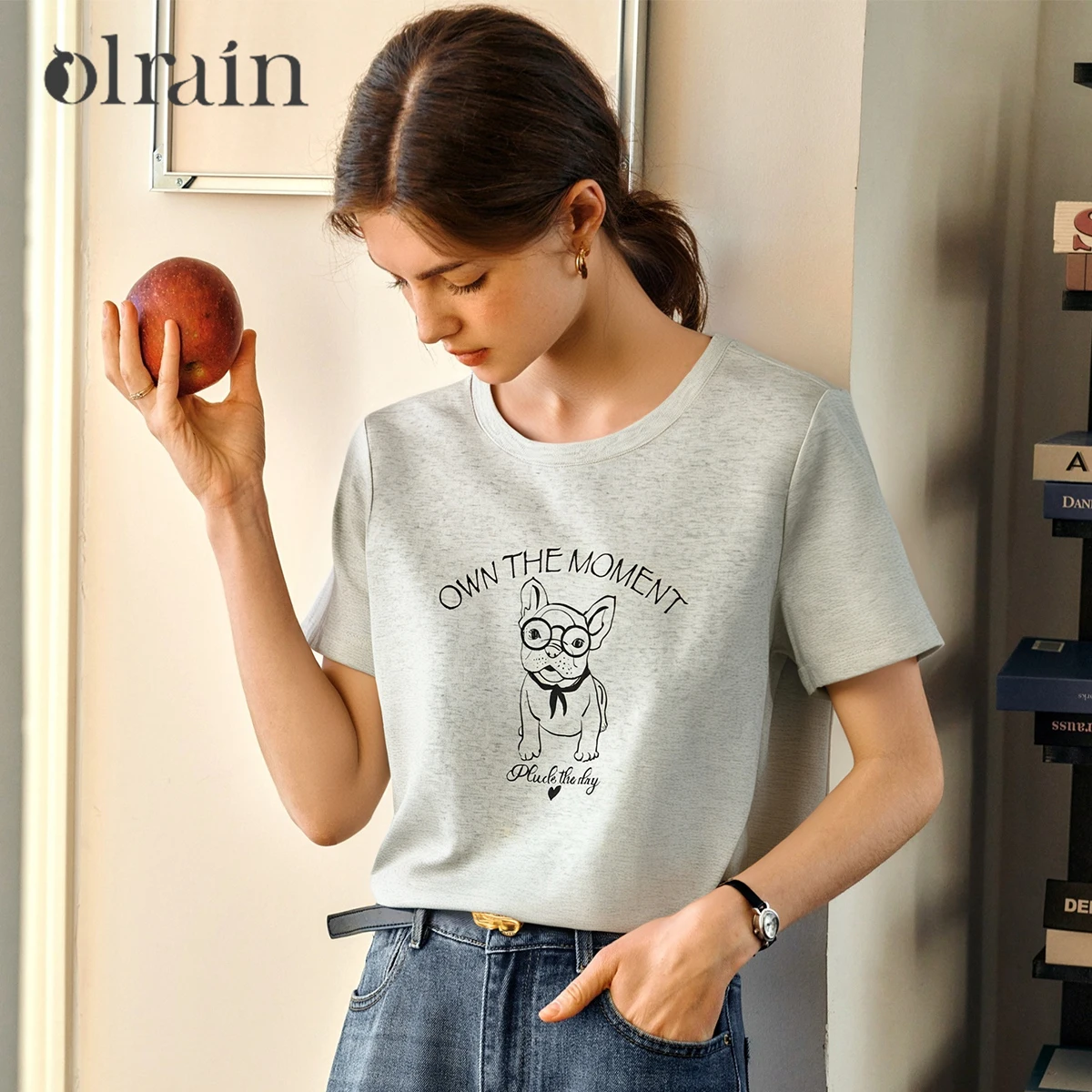 

OLrain Grey T-Shirts Women Fashion Knitted Crew Neck Tees Summer 2025 Cartoon Printed Casual Tops Ladies Clothes O57XT98352