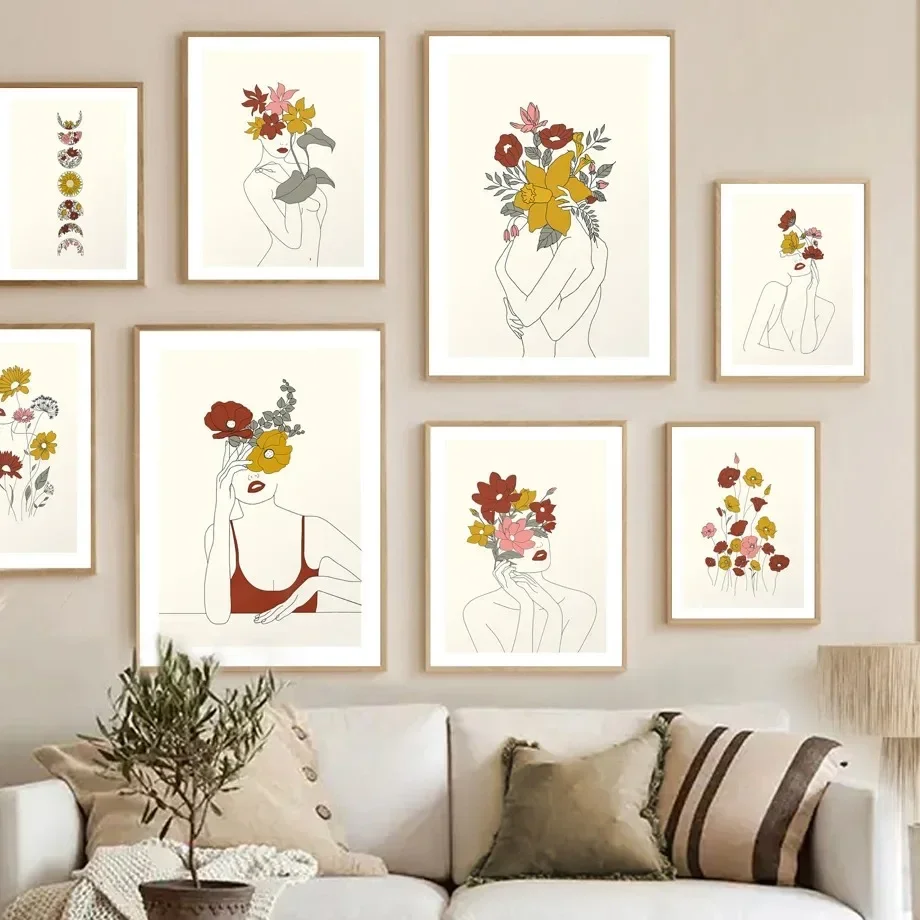 Nordic Line Abstract Girl With Flowers On Head Posters Minimalist Print Canvas Painting Wall Art for Living Room Home Decor