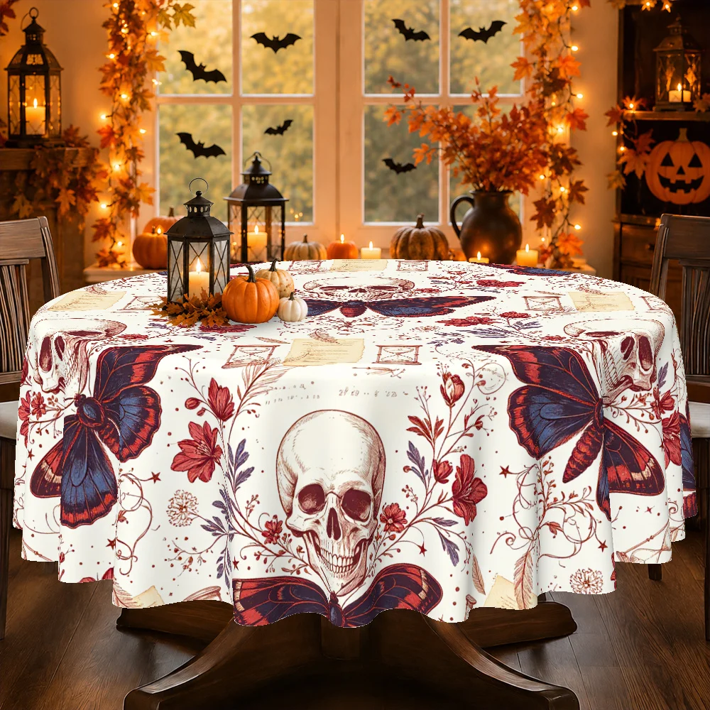 One Gothic skull and moth-pattern tablecloth, a retro and gloomy floral decoration for a Halloween restaurant.zyc