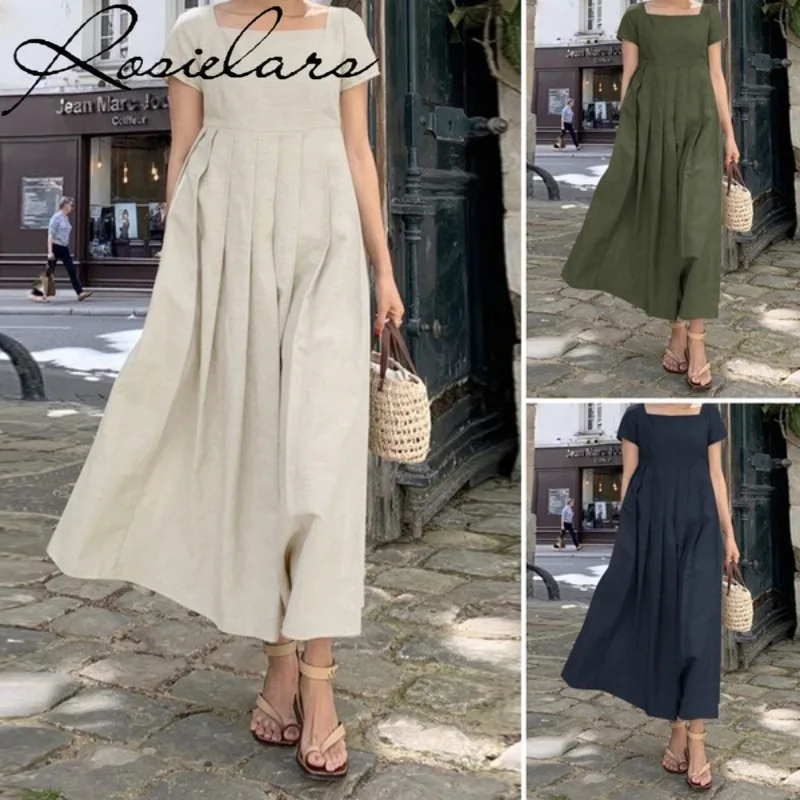 

Summer Casual Large Size Linen Short Sleeve Square Collar Elegant Waisted Slim Fit Long Dresses Women Clothing Boho Dress 5XL