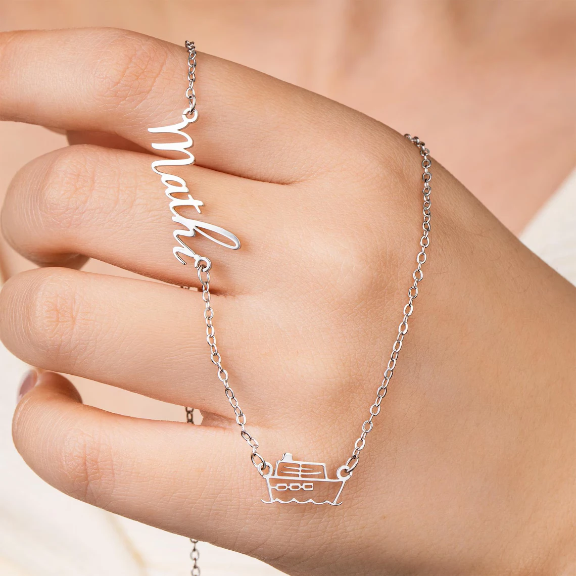 

Personalized Custom Sideway Name Necklace for Women Stainless Steel Name Ship Pendant Necklace Couple Travel Lovers Jewelry Gift