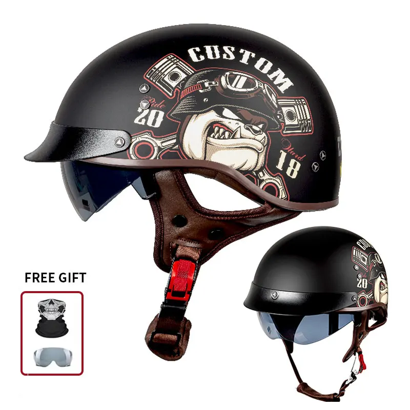 Vintage Half Open Face Motorcycle Helmet with Custom Bulldog Engine Piston Print, Retro Riding Safety Helmet with Inner Sun Viso