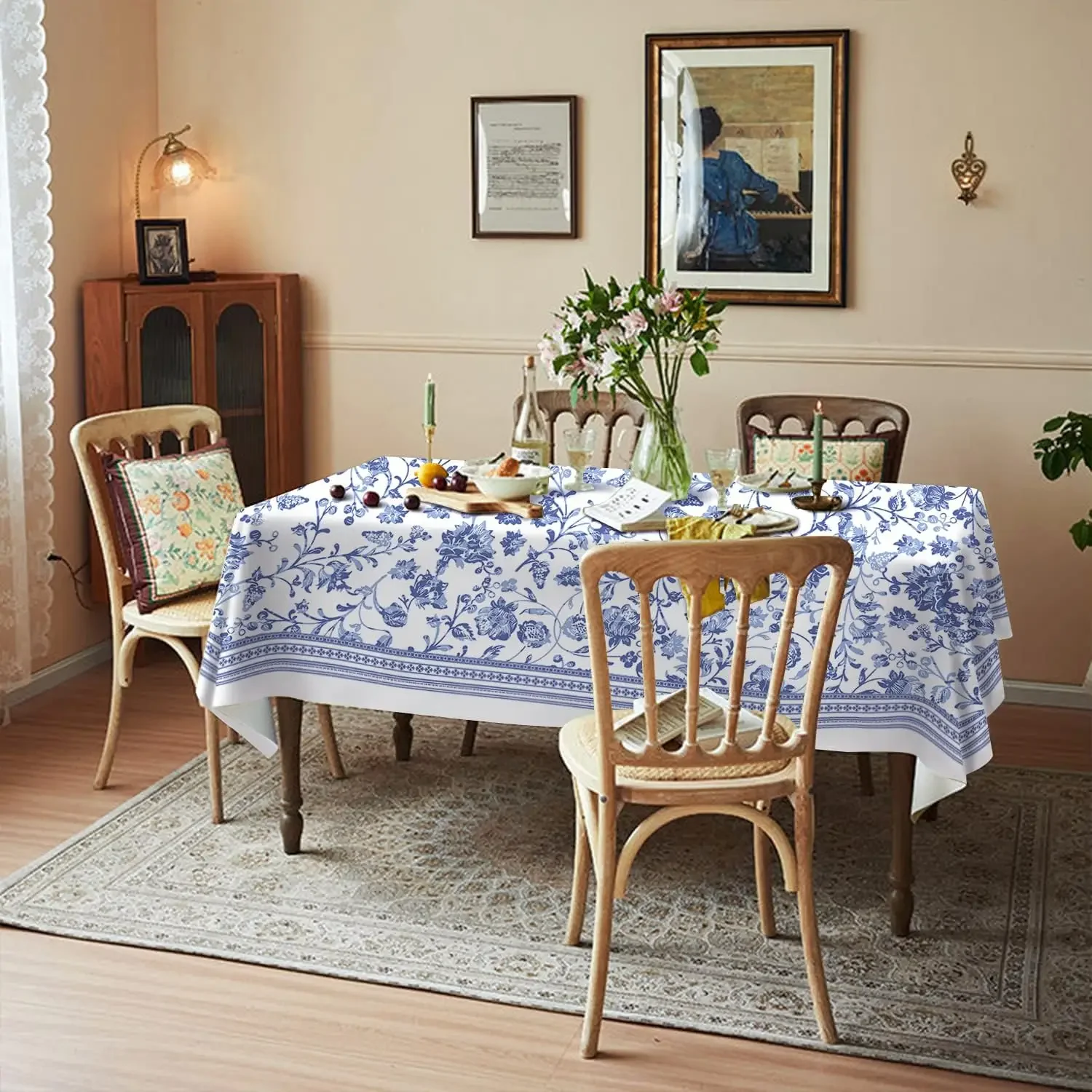 Blue Floral Rustic Rectangle Tablecloth Kitchen Dining Room Decor Waterproof Tablecloth for Table Holiday Party Decorations