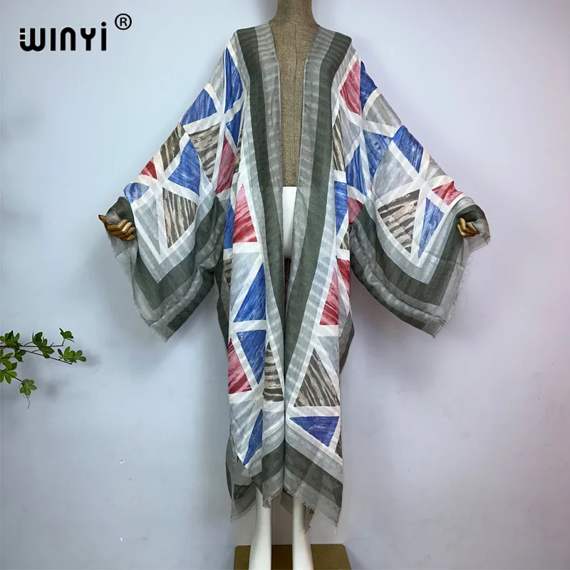 WINYI Women Casual African new fashion Kaftan Bohemia print manica lunga beach Boho long Cardigan Cover-up Summer Kimono Dress