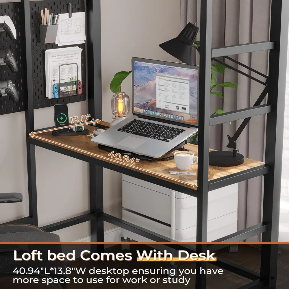 Loft Bed, with Desk and Charging Station Metal Loft Bed with Led Lights, Bed Frame with Clothes Rail, Safety Guard & Ladder, Bed