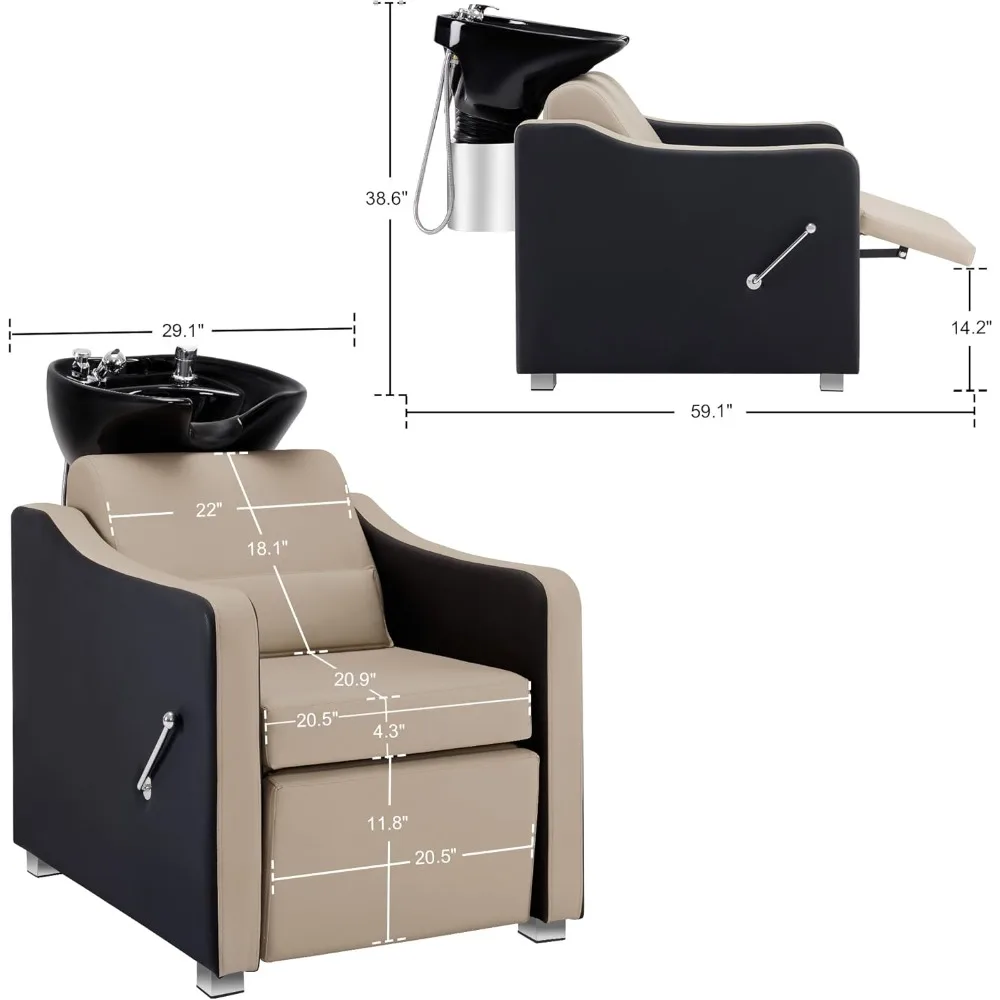 Backwash Shampoo Station Chair, Adjustable Porcelain Ceramic Hair Wash Bowl with Chair, Shampoo Station for Barber Shop